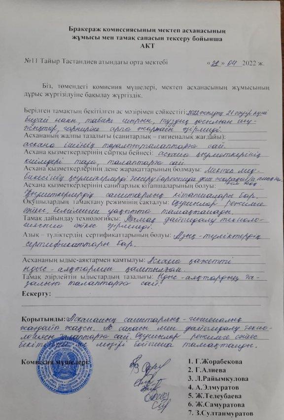 Бракераж комиссиясының мектеп асханасының жұмысы мен тамақ сапасын тексеру АКТ-і